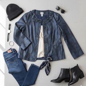 Chicos Finney Snap Front Jacket Size 3/16 Faux Leather Metallic Navy Snakeskin